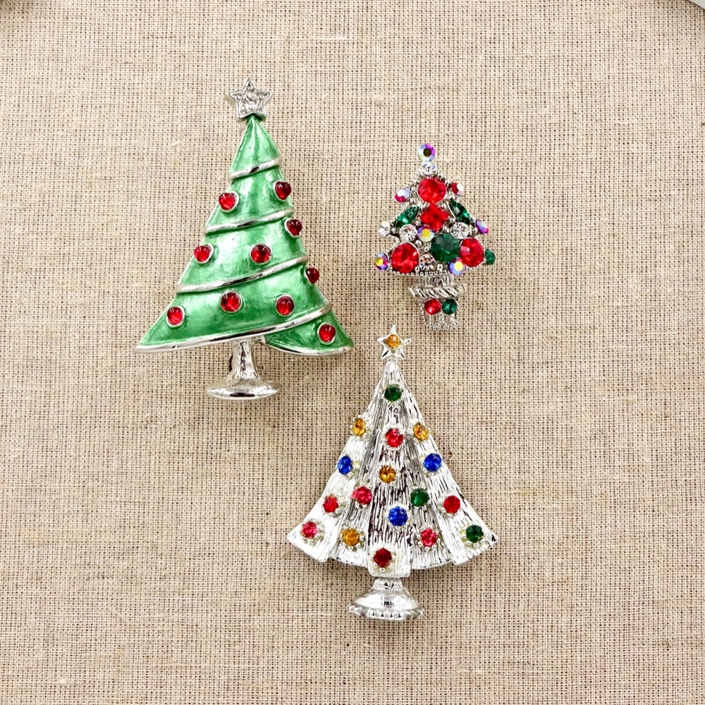 Silver Rhinestone CHRISTMAS TREE PINS Set of Three - Picture 1 of 8